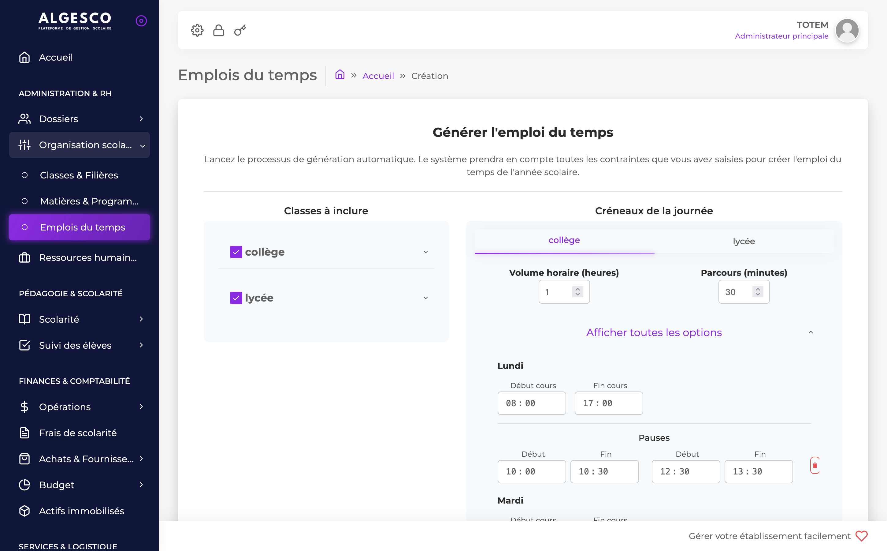 Aperçu de l'interface - Générer emploi du temps